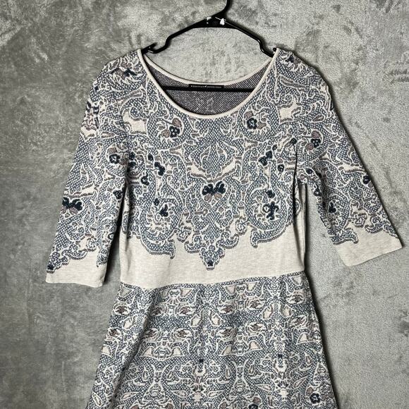 Peruvian Connection Blue Ivory Knit Dress Artisan Boho Print 3/4 Sleeve Medium - Picture 2 of 7